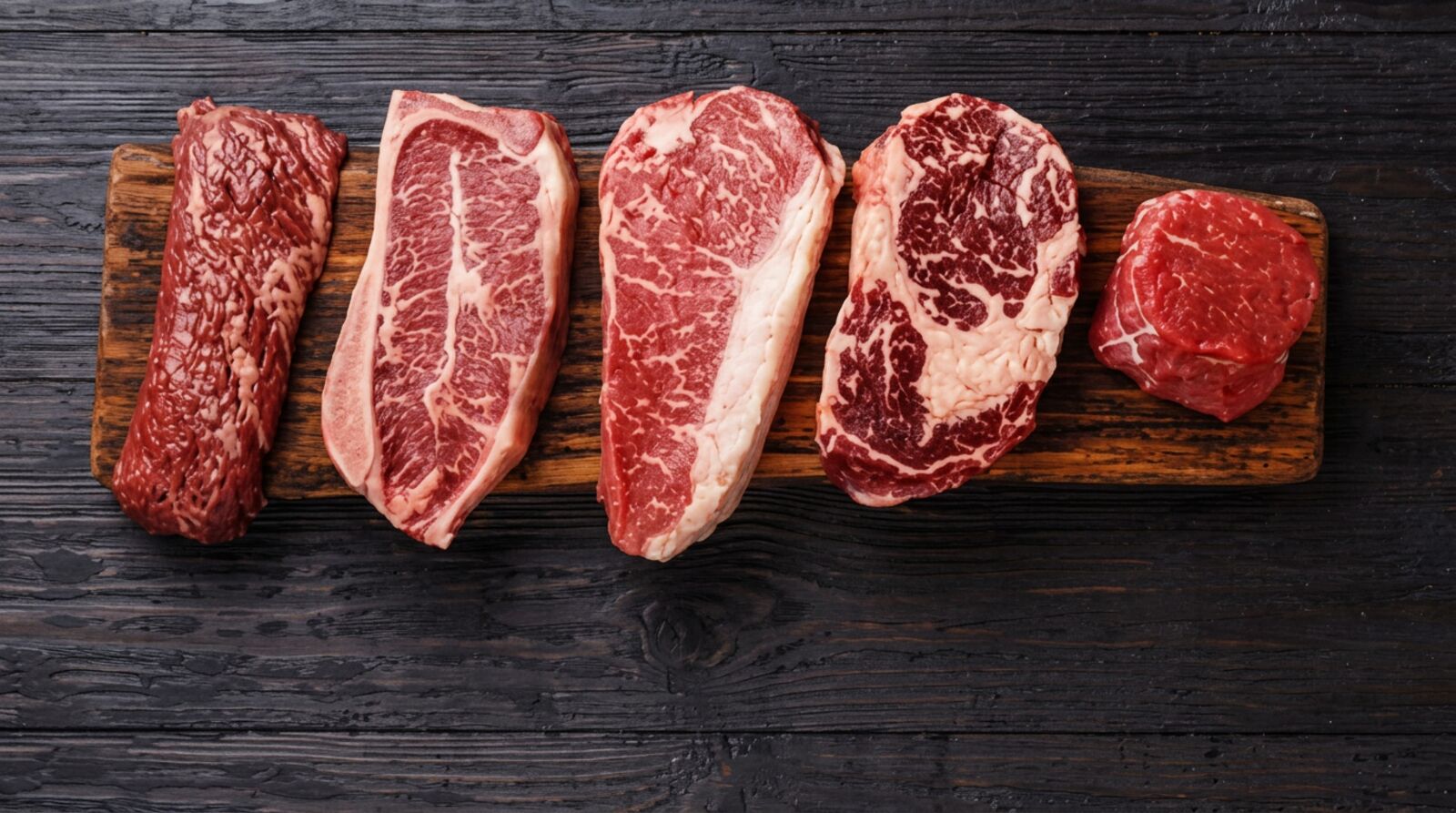 A selection of raw beef cuts arranged on a wooden board